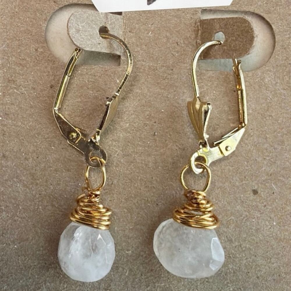Rainbow Moonstone Drop Earrings, Wire Wrapped, 18K Gold Plated Leverbacks